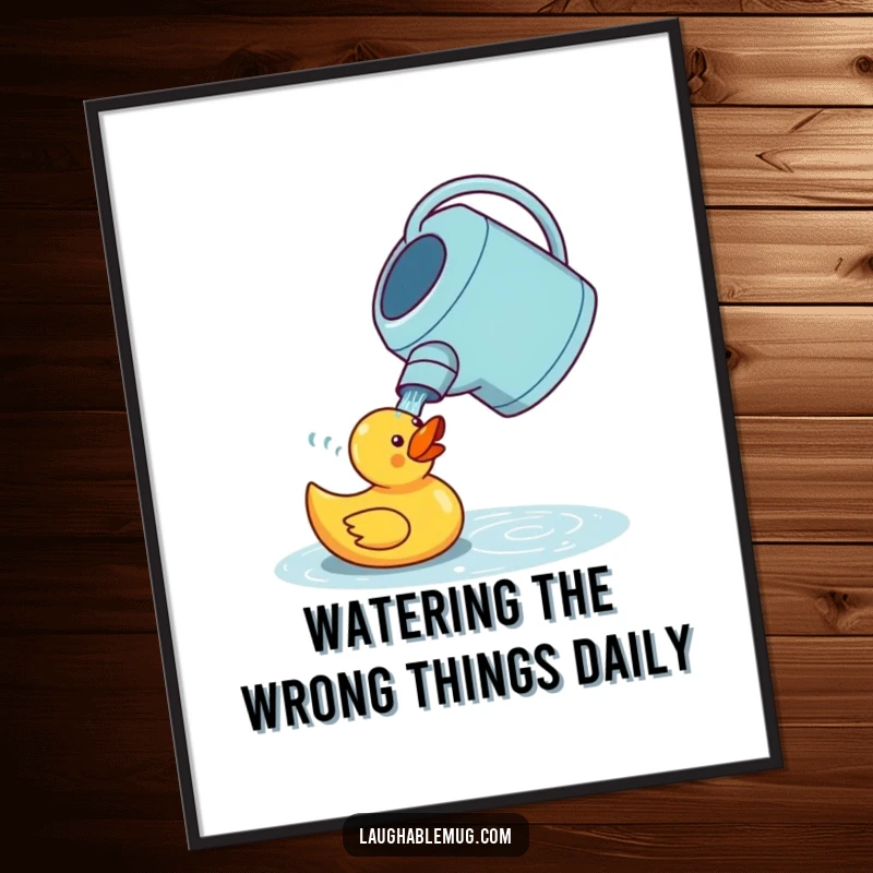Funny free printable wall art: A bewildered watering can tries to water a rubber duck, offering whimsical and humorous decor.