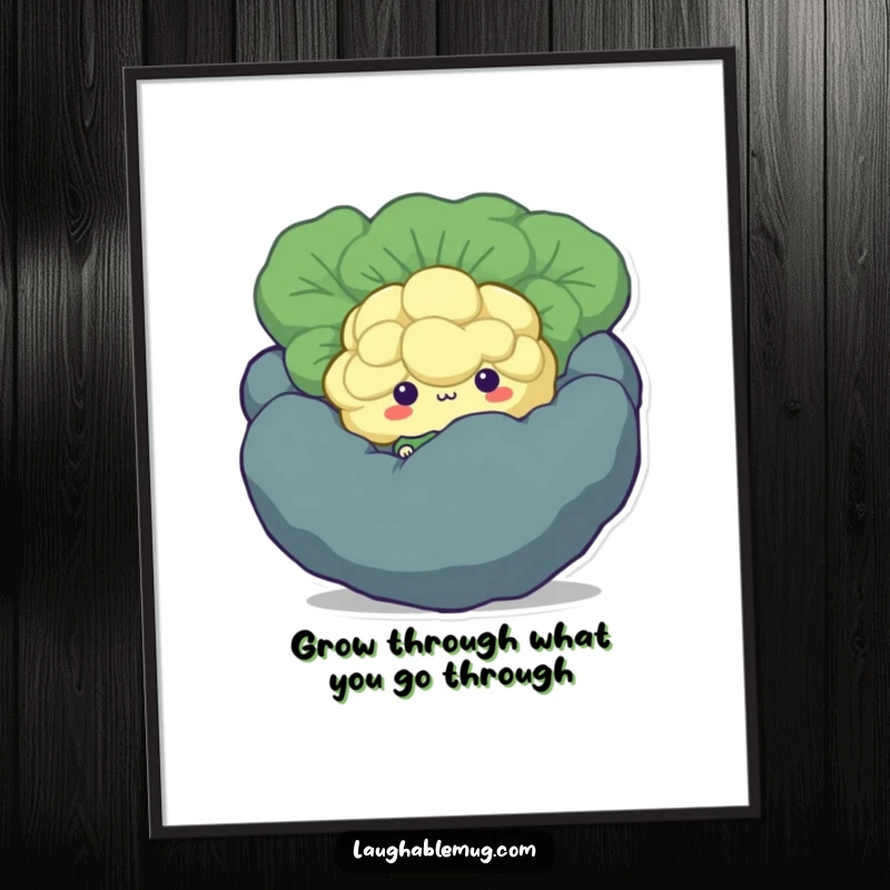 Funny Free Printable Wall Art featuring a shy broccoli floret peeking from behind a larger vegetable, a cute and humorous piece.