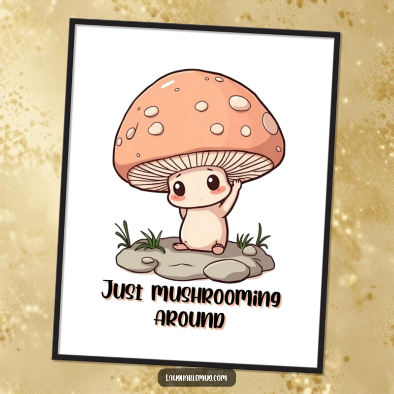 Funny Free Printable Wall Art: A determined mushroom straining to lift an oversized pebble, a symbol of perseverance.