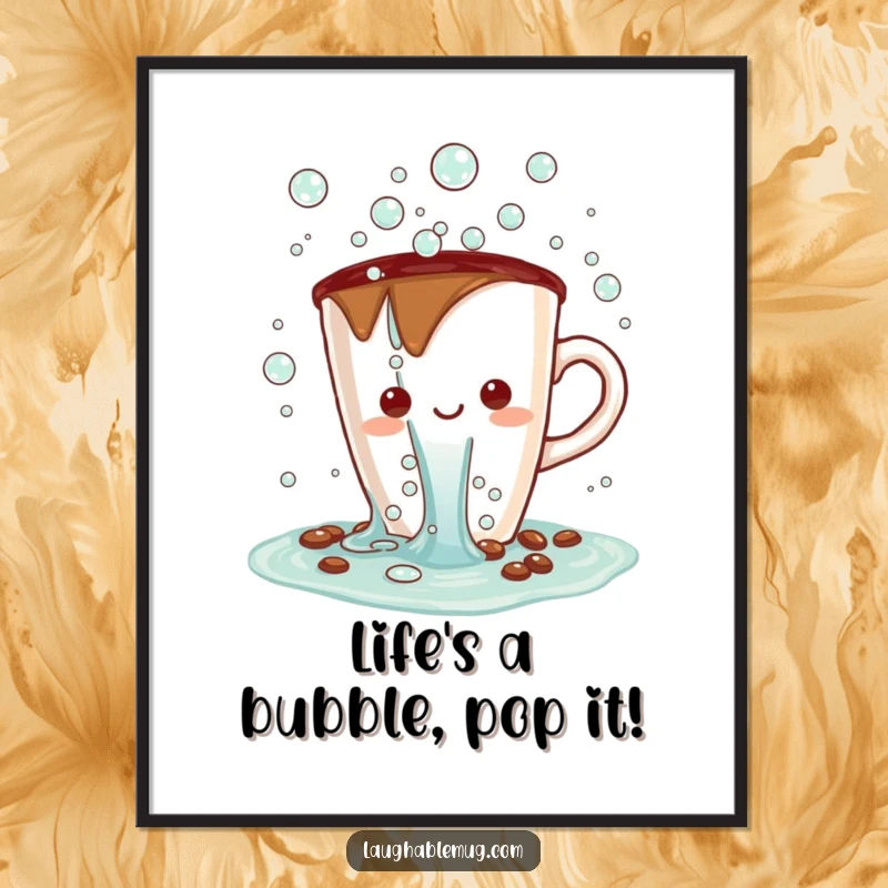 Funny free printable wall art: A Kawaii coffee cup character spilling an abundant waterfall of cheerful bubbles, adding effervescent energy to decor.