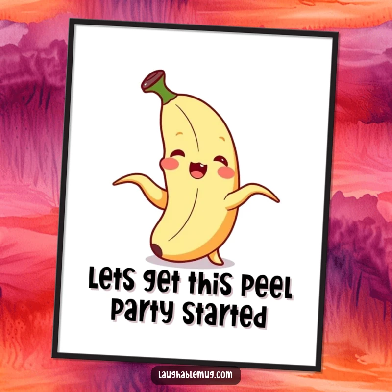 Funny Free Printable Wall Art: A giggling banana peeling itself with pure delight and surprise, a humorous and quirky piece of downloadable fruit art.
