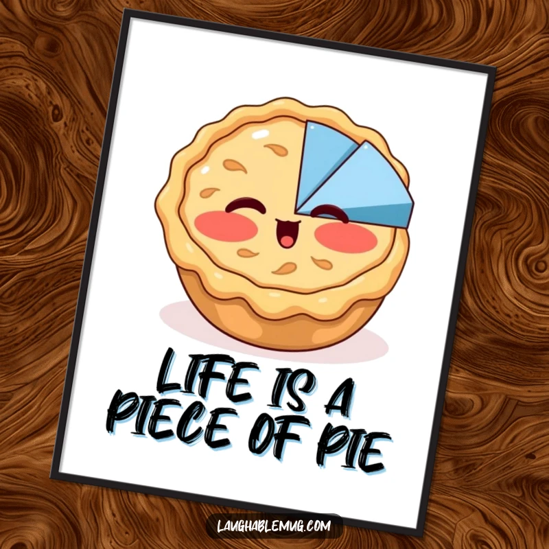 Funny free printable wall art: A shy apple pie blushes and attempts a wink at a pie chart, adding playful decor.