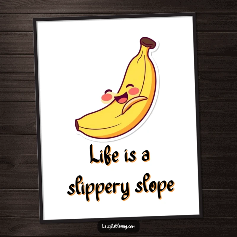 Funny Free Printable Wall Art: A smiling banana comically slipping on its own peel, creating a vibrant and humorous kitchen decor piece.