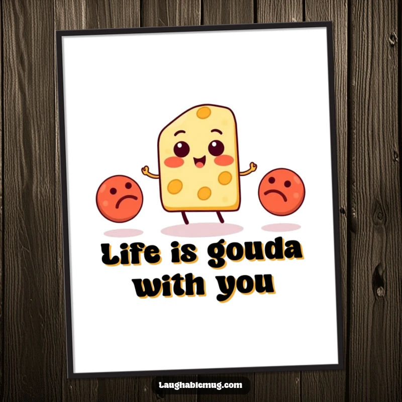 Funny Free Printable wall art showcasing a cheese slice character gleefully juggling three wobbly meatballs, adding humor to any space.