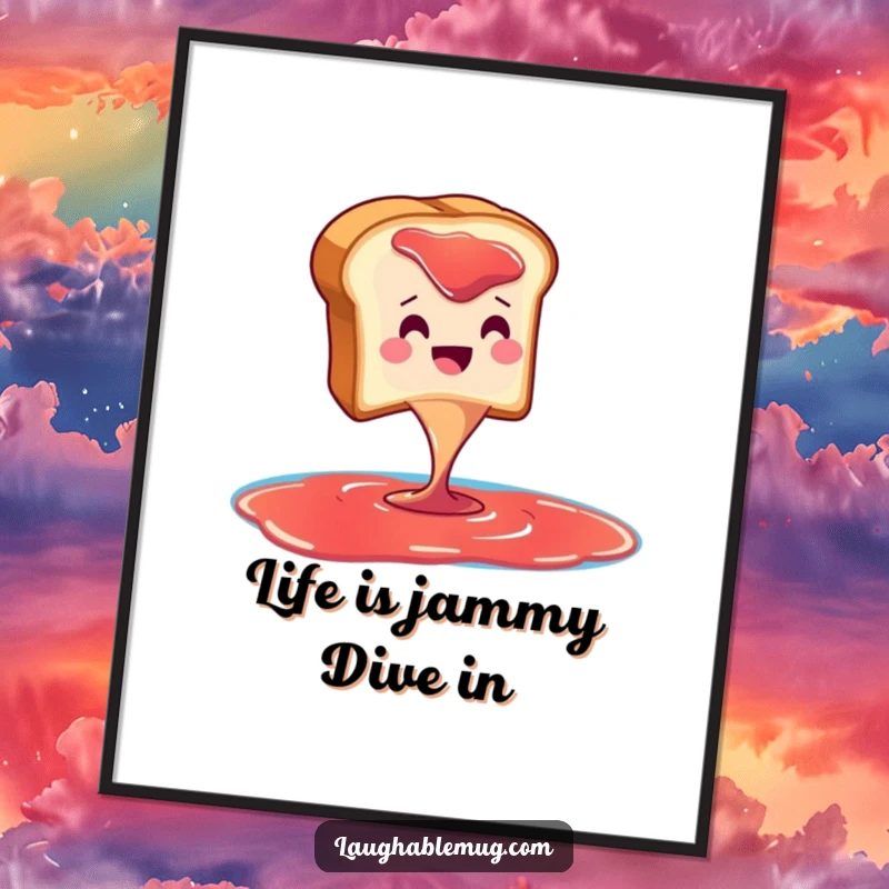 Funny Free Printable Wall Art: A smiling slice of toast joyfully diving into a swimming pool of jam, kitchen decor.