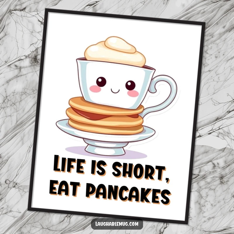 Funny free printable wall art of a cheerful teacup character balancing a stack of pancakes, ready for breakfast.