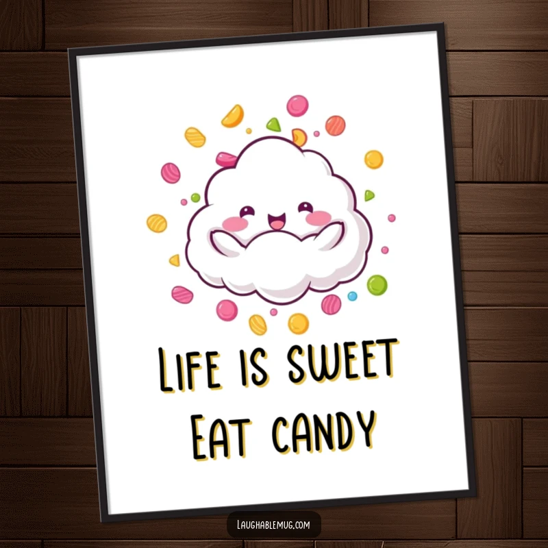 Whimsical Free Printable Candy Cloud Wall Art: A fluffy cloud showers colorful candy, creating a sweet scene.
