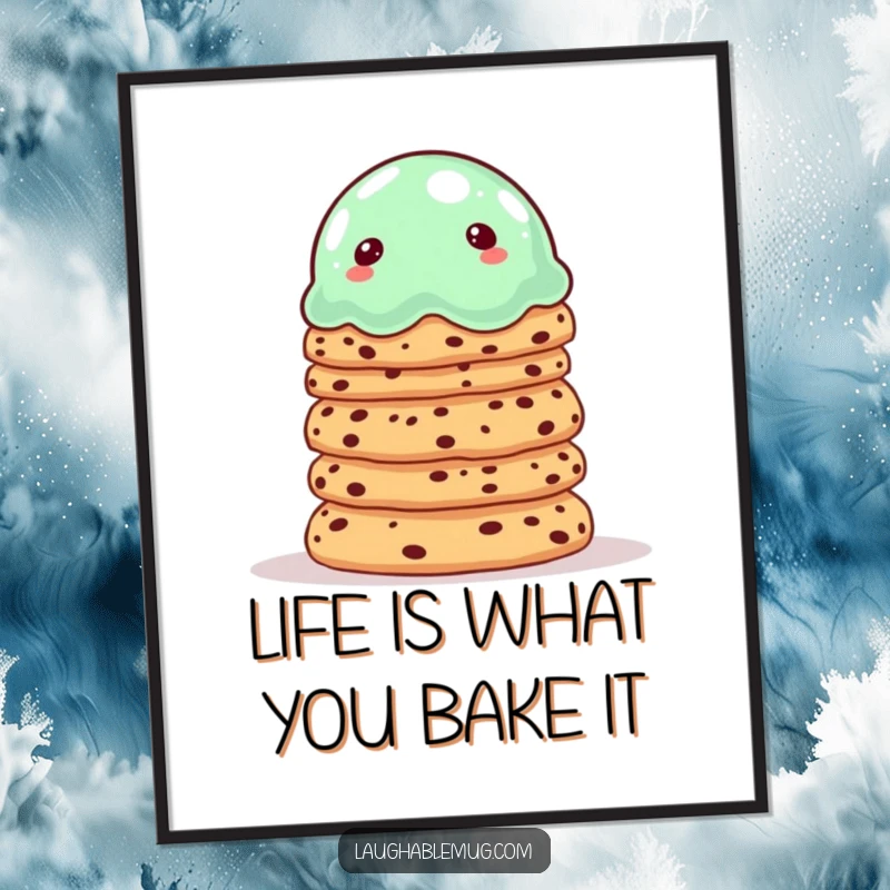 Free Printable Wall Art: A wobbly jelly character hilariously attempts to balance a stack of cookies, showcasing a funny and precarious culinary balancing act.