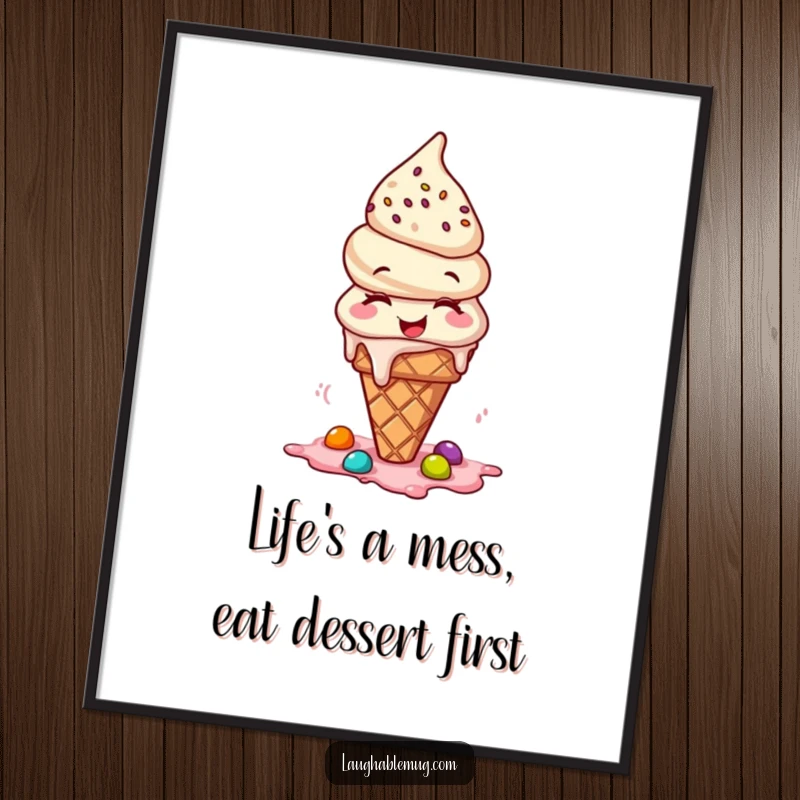 Funny Free Printable Wall Art: A gleeful ice cream cone laughing as its delicious toppings cascade.