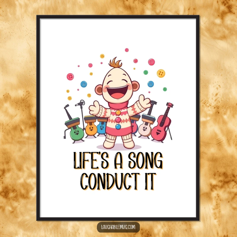 Funny Free Printable Wall Art: A cheerful sock puppet is shown conducting an orchestra of buttons with great enthusiasm, a unique downloadable piece.