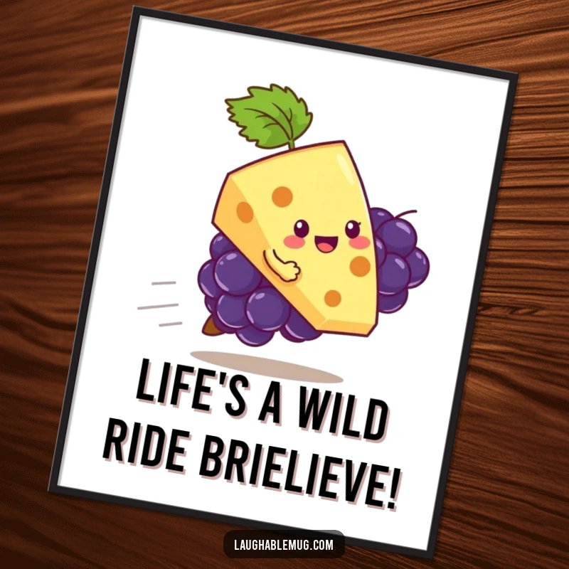 Funny Free Printable Wall Art: A playful slice of cheese is precariously riding a runaway grape, a bizarre and downloadable art piece.