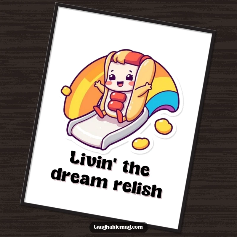 Funny Free Printable Wall Art: A happy hot dog character is joyfully sliding down a colorful rainbow slide.