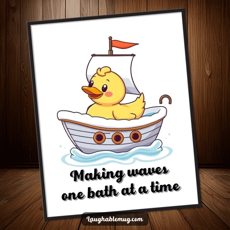 Funny Free Printable Wall Art depicting a rubber ducky sailing a bathtub as a mighty ship, adding aquatic humor to any room.