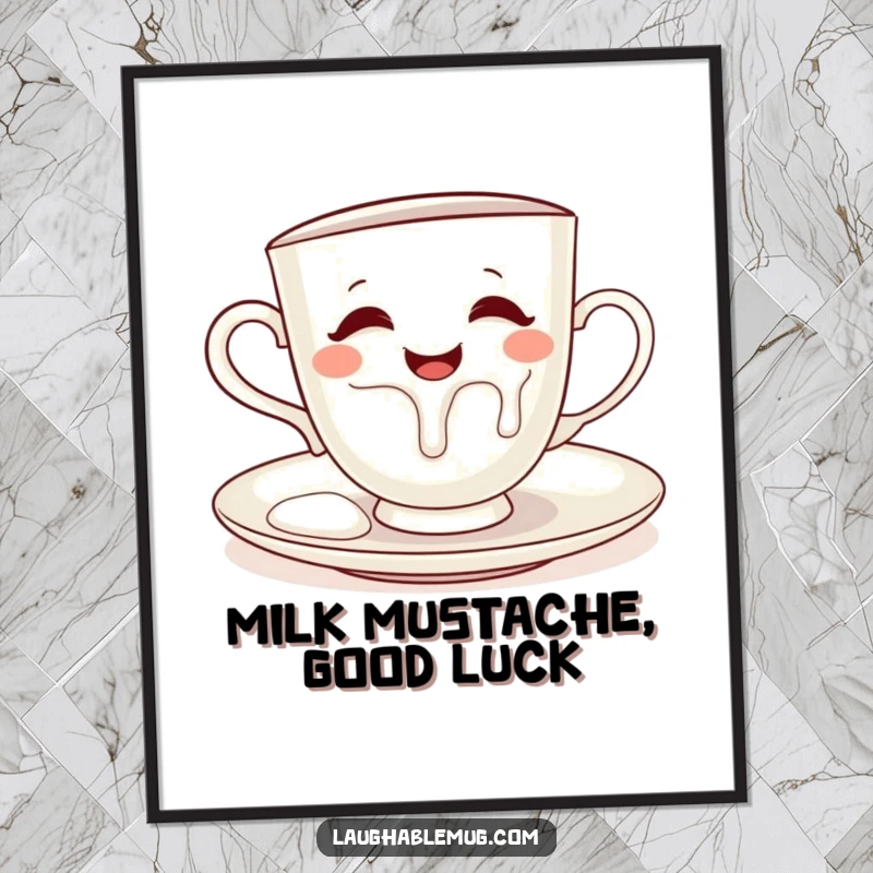 Funny free printable wall art of a teacup pouring milk onto its saucer with a mischievous look, perfect for kitchen decor.