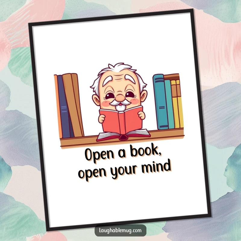 Funny Free Printable Wall Art: A wise old book with playful winking eyes is depicted leaping energetically off a shelf, a unique downloadable piece.