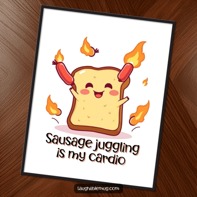 Funny Free Printable Wall Art: A whimsical toast character gleefully juggling flaming sausages, adding humor to any room.
