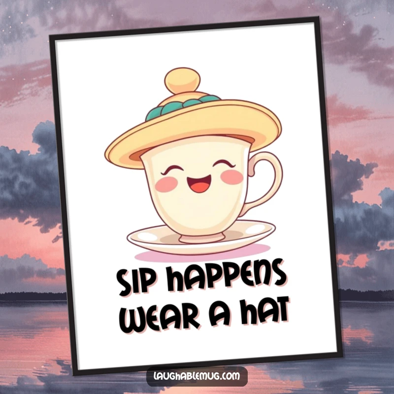 Funny Free Printable Wall Art: A laughing teacup sporting a massively oversized floppy hat, creating a whimsical decor piece.