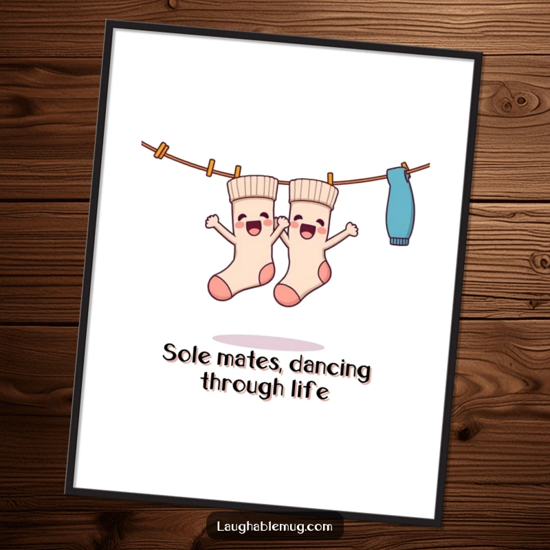Funny free printable wall art of excited socks dancing energetically on a clothesline, a vibrant downloadable piece.