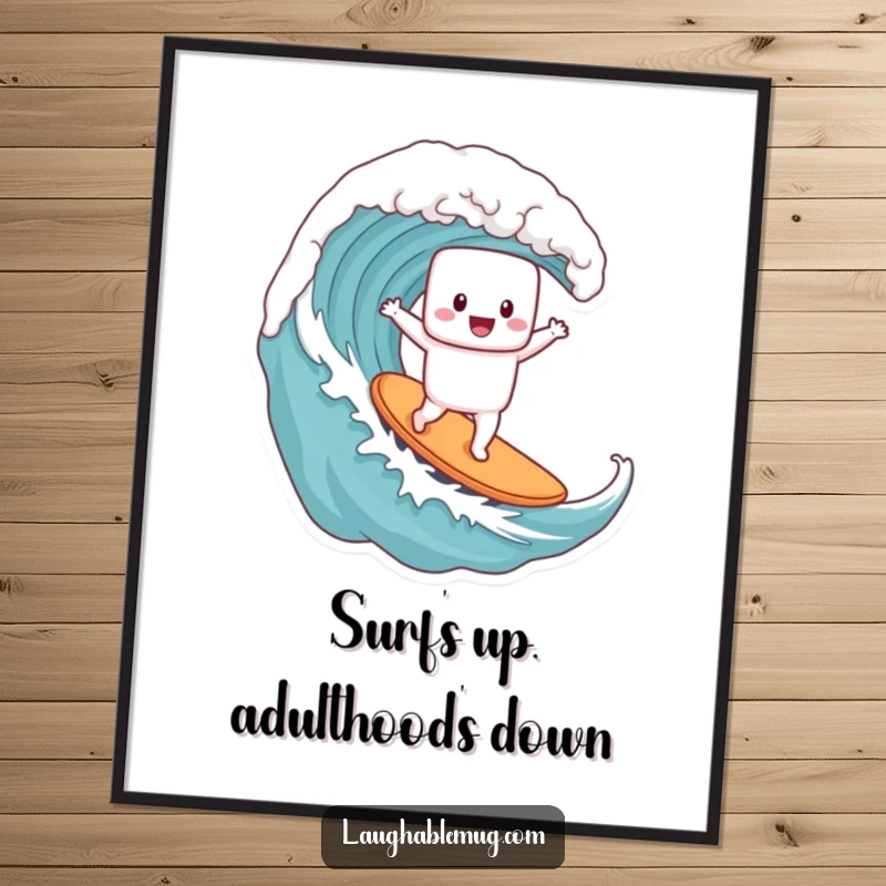 Funny free printable wall art: A happy marshmallow character surfs a giant coffee mug wave, bringing beachy humor to any room.
