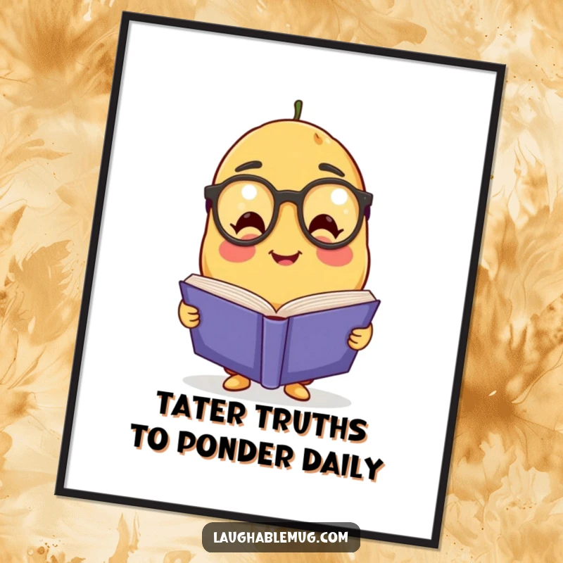 Funny Free Printable Wall Art: A scholarly potato with spectacles immersed in a giant book, perfect for intellectual humor and home decor.