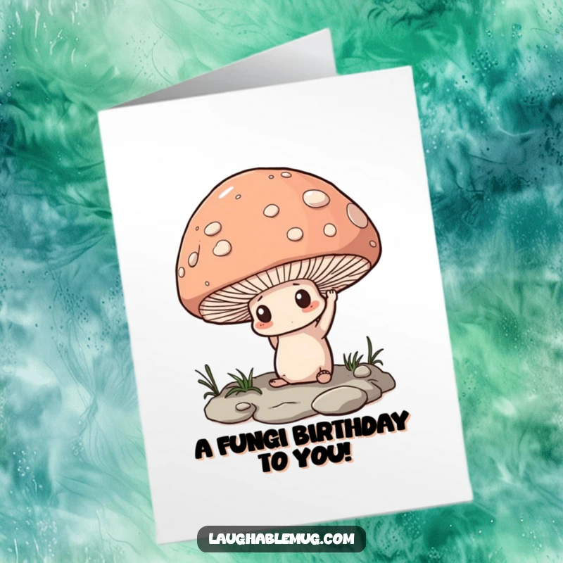 Funny Free Printable Birthday Card: A determined mushroom straining to lift an oversized pebble with all its might.