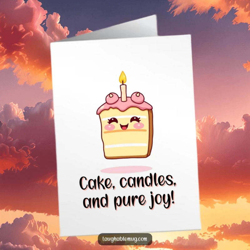 Funny Free Printable Birthday Card: A slice of cake giggling uncontrollably while balancing a single birthday candle on its frosting nose.