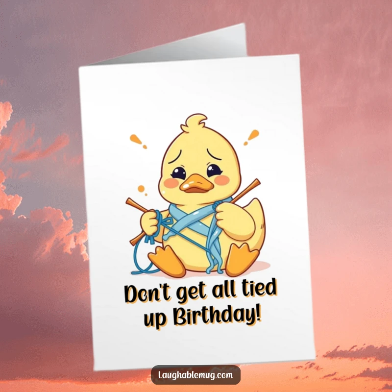 Funny Free Printable Birthday Card: A confused rubber duck struggling to knit, yarn everywhere, looking utterly bewildered.