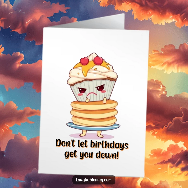 Funny Free Printable Birthday Card: A grumpy cupcake struggling to balance a towering stack of wobbly pancakes, perfect for birthdays.