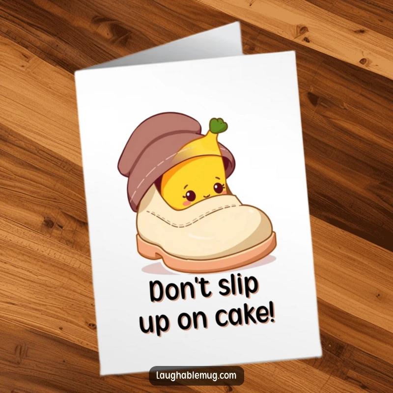 Funny Free Printable Birthday Card: A shy banana character is peeking from behind a comically giant shoe, ready for a birthday surprise.