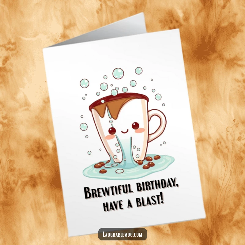 Funny free printable birthday card: A Kawaii coffee cup character joyfully spilling a cascade of cheerful bubbles, celebrating a bubbly birthday.
