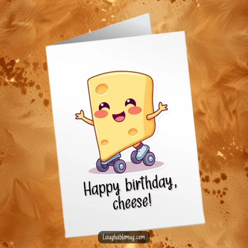 Funny Free Printable Birthday Card: Smiling cheese slice on roller skates, humorous and cheesy, perfect for birthday wishes.