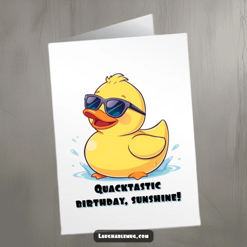 Funny Free Printable Birthday Card: Happy rubber ducky in sunglasses splashing, cool celebration, downloadable art.