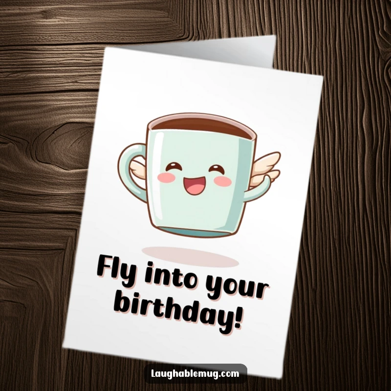 Funny Free Printable Birthday Card showing a happy coffee mug character attempting to fly with tiny wings.