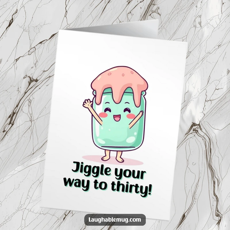 Funny Free Printable Birthday Card of a wobbly jelly jar hilariously attempting a handstand, ready for a laugh.