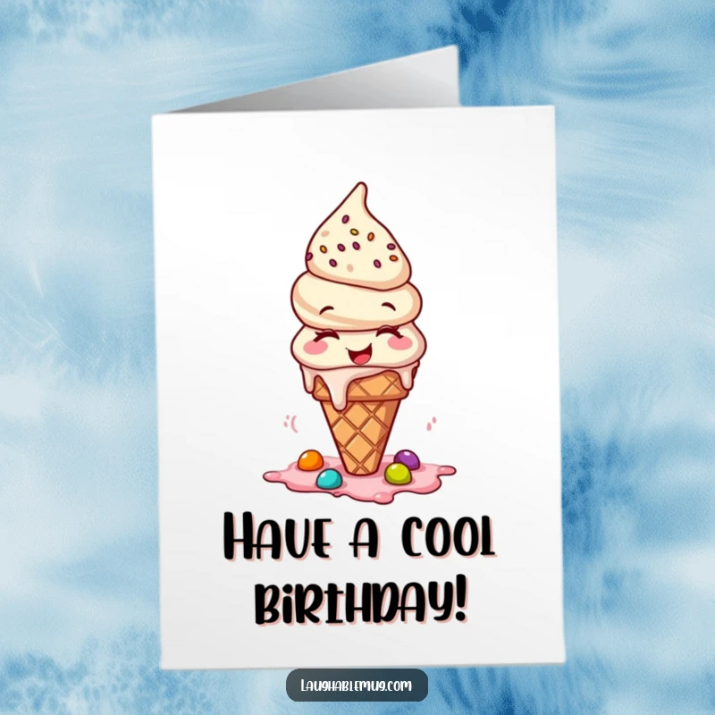 Funny Free Printable Birthday Card: A joyful ice cream cone giggling as its toppings spill everywhere.