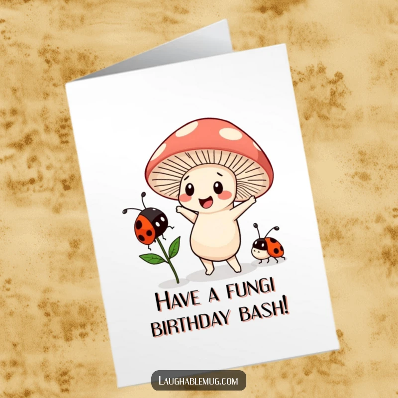 Funny free printable birthday card: A Kawaii mushroom character in a wild dance move, leaving a surprised ladybug in its wake, for a hilarious birthday.