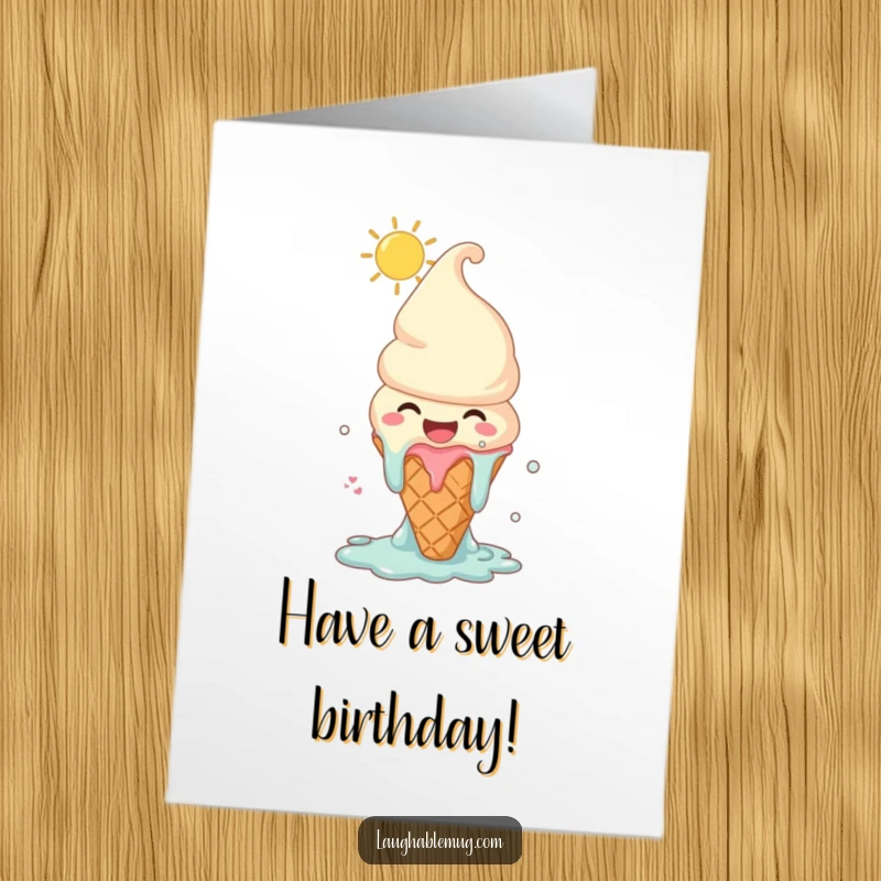 Funny Free Printable Birthday Card: An ice cream cone character is happily melting with laughter under a bright sun.