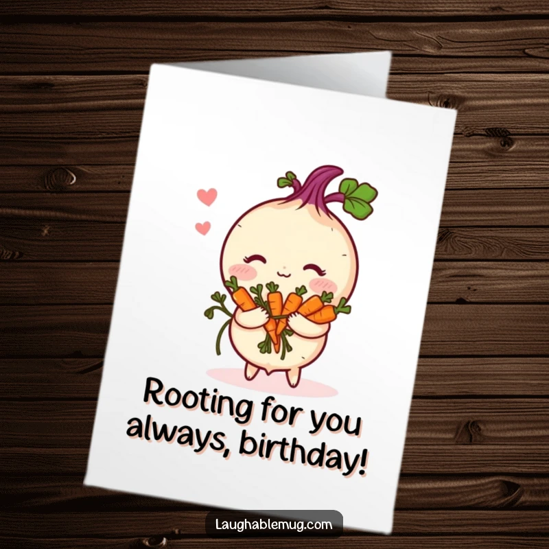 Funny Free Printable Birthday Card: Shy turnip blushing deeply, holding a sweet bouquet of tiny carrots, a veggie's bashful delight.