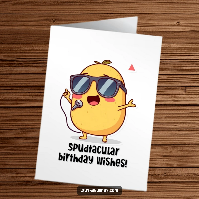 Funny Free Printable Birthday Card: A singing potato wearing sunglasses, enthusiastically performing a rockstar birthday song.