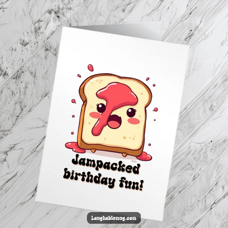 Funny Free Printable Birthday Card: A cute toast character reacts with surprise as jam splatters.