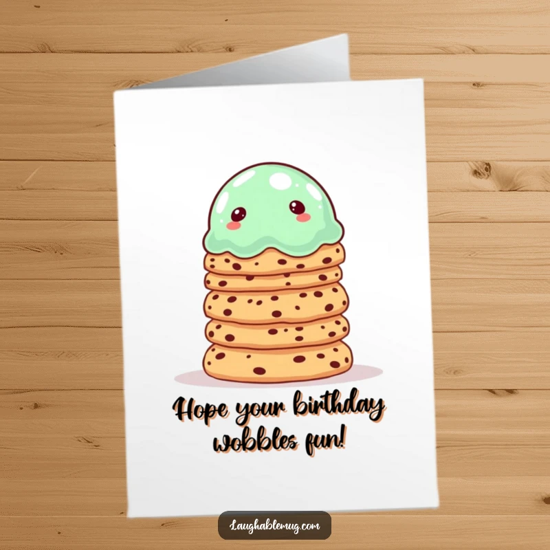 Funny Free Printable Birthday Card: A wobbly jelly character hilariously struggles to balance a towering stack of cookies, bringing laughter to your birthday wishes.