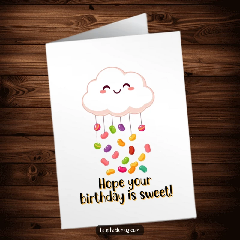 Funny Free Printable Birthday Card: A smiling cloud joyfully raining colorful jelly beans, perfect for a sweet birthday.