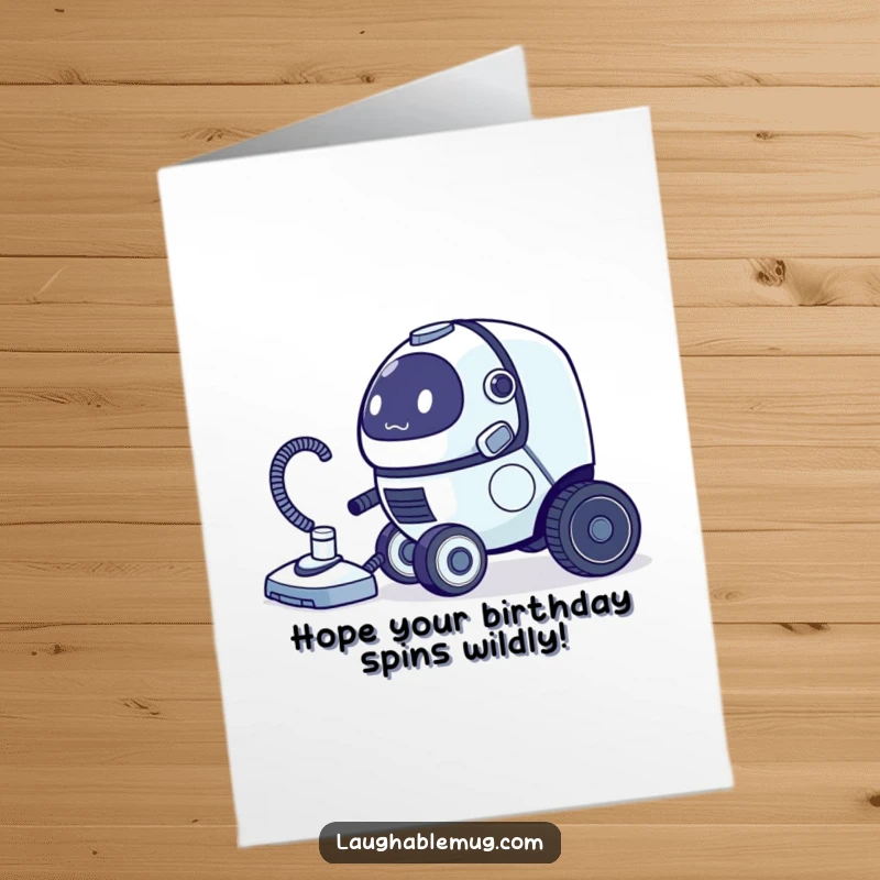 Funny free printable birthday card of a clumsy robot vacuum cleaner comically chasing its own tail, a unique downloadable greeting.