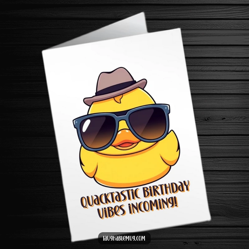 Funny Free Printable Birthday Card featuring a Kawaii rubber ducky in sunglasses and a fedora, ready to party.