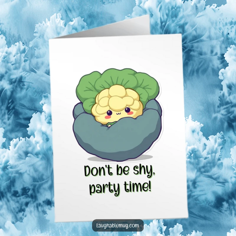 Funny Free Printable Birthday Card featuring a shy broccoli floret peeking from behind a large vegetable, ready to wish a happy birthday.