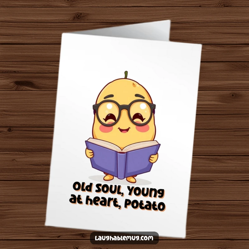 Funny Free Printable Birthday Card featuring a smart potato wearing glasses reading a large book, ideal for bookworms and intellectuals.