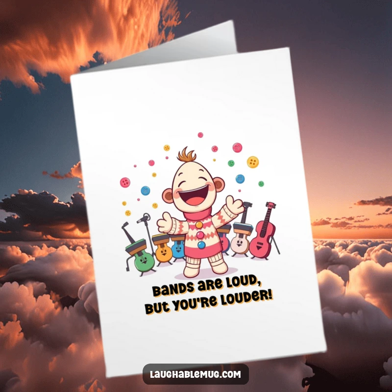 Funny Free Printable Birthday Card: A cheerful sock puppet enthusiastically conducts an orchestra of buttons, a whimsical downloadable gift.