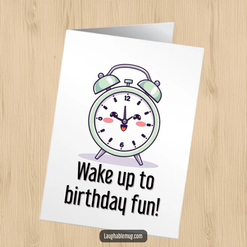 Funny free printable birthday card of a smiling alarm clock beaming while attempting a yoga pose, a downloadable serene greeting.