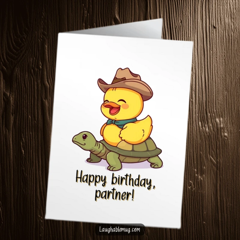 Funny Free Printable Birthday Card: Giggling rubber duck in cowboy hat riding a turtle, a humorous DIY birthday surprise.