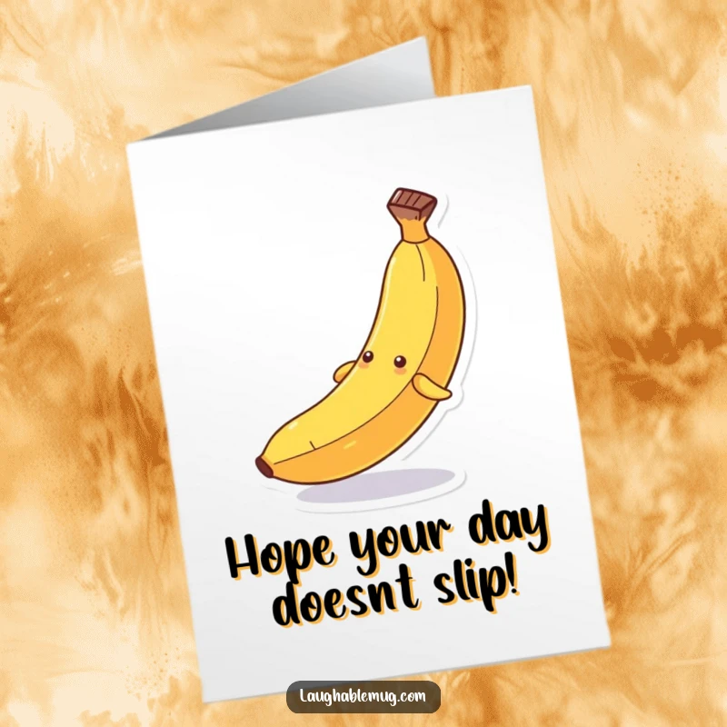 Funny Free Printable Birthday Card: An anthropomorphic banana dramatically slipping on its own peel, a comical birthday moment.